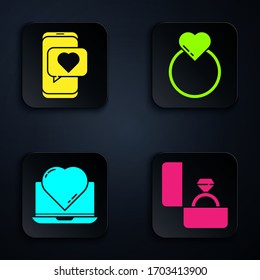 Set Diamond engagement ring, Online dating app and chat, Online dating app and chat and Wedding rings. Black square button. Vector