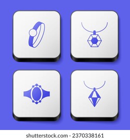 Set Diamond engagement ring, Pendant necklace,  and  icon. White square button. Vector