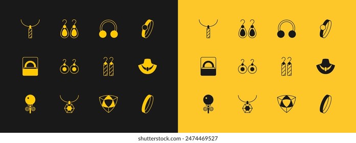 Set Anillo de compromiso de diamantes, collar colgante, pendientes, piercing e icono. Vector