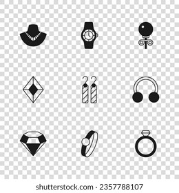 Set Diamond Verlobungsring, Piercing, Ohrringe, Ohrringe, Ketten-Mannequin, Armbanduhr und Gem-Stein-Symbol. Vektorgrafik