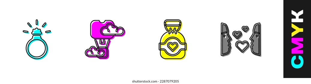 Set Diamond engagement ring, Romantic hot air balloon, Chocolate candy and Love first sight icon. Vector