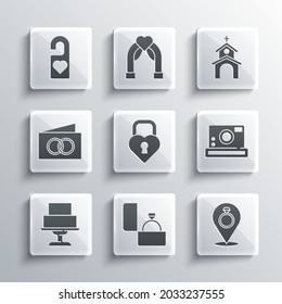 Set Diamond engagement ring, Wedding rings, Photo camera, Castle the shape of heart, cake, Greeting card, Please do not disturb and Church building icon. Vector