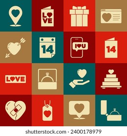 Establece el anillo de compromiso de diamantes, pastel de bodas con corazón, tarjeta de saludo, caja de regalo, Calendario 14 de febrero, Amor y flecha, Ubicación e icono de móvil. Vector