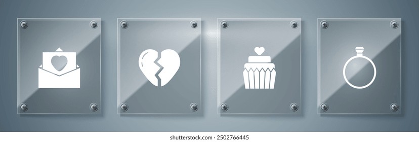 Set Diamond engagement ring, Wedding cake with heart, Broken and Envelope Valentine. Square glass panels. Vector