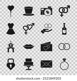 Set Diamond engagement ring, Wedding rings, Champagne bottle, Photo camera, Gender, Woman dress, Balloons form of heart and  icon. Vector