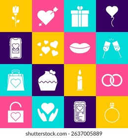 Set Diamond engagement ring, Wedding rings, Glass of champagne, Gift box and heart, Heart, Mobile with, Flower rose and Smiling lips icon. Vector
