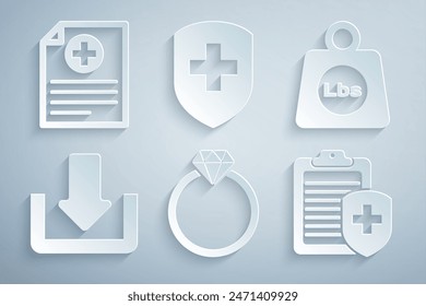 Set Diamond engagement ring, Weight pounds, Download, Clipboard with medical insurance, Medical shield cross and Clinical record icon. Vector