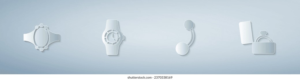 Set Diamond Verlobungsring, Armbanduhr, Piercing und Box. Kunststil aus Papier. Vektorgrafik