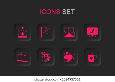 Set Diamond, Feminist activist, King crown, Heart, Woman shoe, Coffee cup and heart, Envelope with 8 March and Paper shopping bag icon. Vector