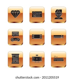 Set Diamond, Game guide, Live streaming online, Portable video game console, with joystick, Virtual reality glasses, Video and Create account screen icon. Vector