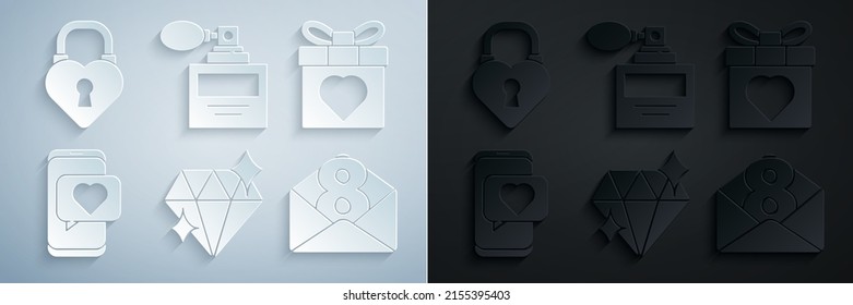 Establece Diamante, caja de regalo y corazón, chat de aplicación de citas en línea, Sobre con 8 de marzo, Perfume y Castillo la forma de icono. Vector
