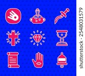 Set Diamond, Hamsa hand, Ringing alarm bell, Medieval goblet, Decree, parchment, scroll, Christian cross, Dagger and Comet falling down fast icon. Vector