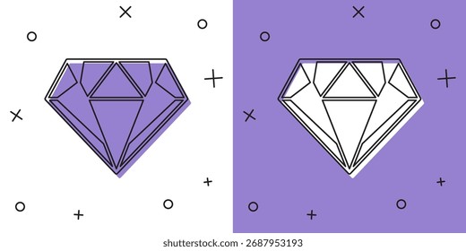 Conjunto de icono de diamante aislado sobre fondo blanco y púrpura. Símbolo de joyería. Piedra preciosa.  Vector