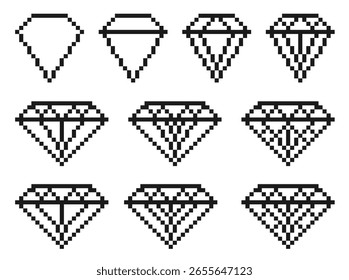 Establecer iconos de diamante en estilo de píxeles sobre fondo blanco.