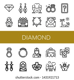 Set of diamond icons such as Diamond, Bride, Earrings, Casino, Romantic, Necklace, Wedding rings, Wedding invitation, Card game, Honeymoon, Wedding ring, Bracelet, Troglodyte , diamond