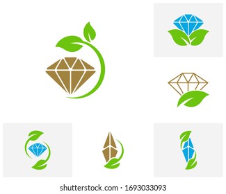 Set of Diamond with Leaf logo design vector template, Creative Diamond logo concept