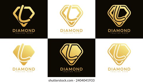 Set of diamond logos with initial letter L. These logos combine letters and rounded diamond shapes using gold gradation colors. Suitable for diamond shops, e-commerce