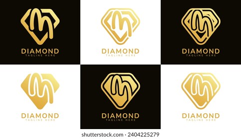 Set of diamond logos with initial letter M. These logos combine letters and rounded diamond shapes using gold gradation colors. Suitable for diamond shops, e-commerce