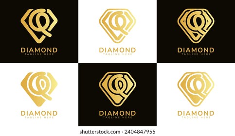 Set of diamond logos with initial letter Q. These logos combine letters and rounded diamond shapes using gold gradation colors. Suitable for diamond shops, e-commerce