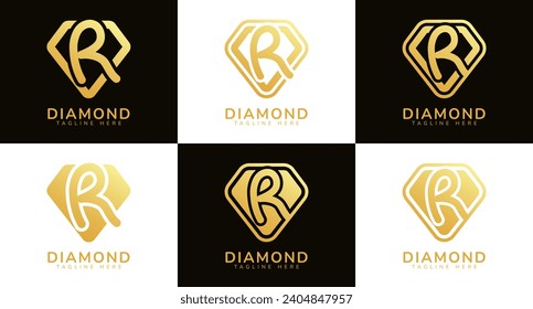 Set of diamond logos with initial letter R. These logos combine letters and rounded diamond shapes using gold gradation colors. Suitable for diamond shops, e-commerce