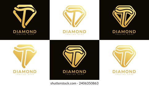 Conjunto de logotipos de diamantes con letra inicial T. Estos logotipos combinan letras y formas de diamante redondeadas utilizando colores de gradación dorada. Idóneo para tiendas de diamantes, comercio electrónico