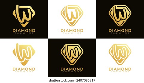Logos aus Diamanten mit Anfangsbuchstaben W. Diese Logos kombinieren Buchstaben und abgerundete Diamantformen mit Goldgradfarben. Geeignet für Diamantenläden, E-Commerce