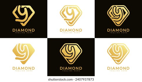 Set of diamond logos with initial letter Y. These logos combine letters and rounded diamond shapes using gold gradation colors. Suitable for diamond shops, e-commerce