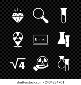Conjunto de diamante, lupa, tubo de ensayo y frasco, raíz cuadrada de 4 glifos, radioactivo, ubicación y ecuación de solución icono. Vector