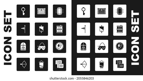 Diamante, bandera medieval, llave antigua, barril de madera, cofre del tesoro antiguo, moneda antigua e icono de la puerta del castillo. Vector
