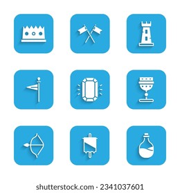 Set Diamond, mittelalterliche Fahne, alte Flasche Wein, Goblet, Bogen und Pfeil, Schlossturm und King Kronsymbol. Vektorgrafik