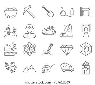 Set of diamond mining Related Vector Line Icons. Includes such Icons as diamond, gold, mining, mining equipment, minerals, miners and etc.