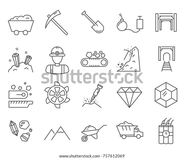 Set of diamond mining Related Vector Line Icons.\
Includes such Icons as diamond, gold, mining, mining equipment,\
minerals, miners and etc.