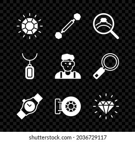 Juego Diamante, Piercing, anillo de compromiso, reloj de pulsera, tienda de joyas, collar de Pendant y icono de Jeweler man. Vector
