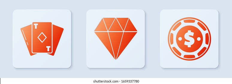 Set Diamond, Playing card with diamonds and Casino chip with dollar. White square button. Vector