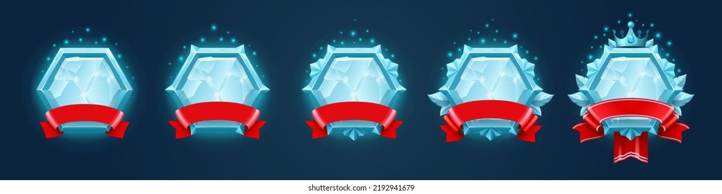 Set of diamond rank frames for game. Vector design of luxury blue germstone or frozen avatar templates decorated with red ribbon, ice leaves, sophisticated royal crown. Collection of round ui