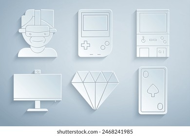 Set Diamond, Retro arcade game machine, Computer monitor, Playing card with diamonds, Portable video console and Virtual reality glasses icon. Vector