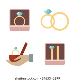 Set of diamond rings for marriage proposal and engagement. Wedding rings flat vector illustration. Isolated icons collection