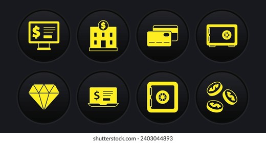 Set Diamond, Safe, Laptop with dollar, Credit card, Bank building, Coin money and Monitor icon. Vector