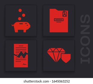 Set Diamond With Shield, Piggy Bank With Coin, Personal Folder And Torn Contract Icon. Vector