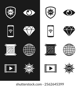 Set Diamond, Smartphone with wireless, UV protection, Eye, Paper scroll and Earth globe icon. Vector