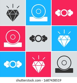 Set Diamond teeth, Otolaryngological head reflector and Candy icon. Vector