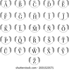 Set of diamond text icon. Flat design. A, B, C, D, E, F, G, H, I, J, K, L, M, N, O, P, Q, R, S, T, U, V, X, Y, Z logo label, black and white. Vector illustration. Isolated on white background