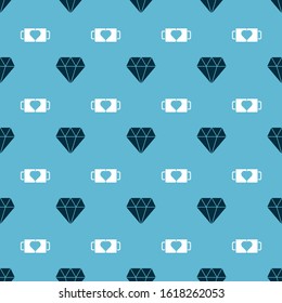 Set Diamond and Two coffee cup and heart on seamless pattern. Vector