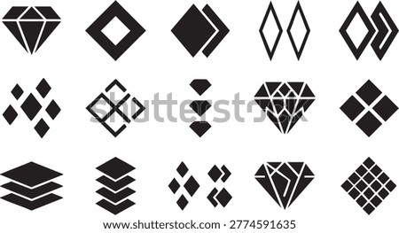 Set of diamond vector graphics featuring brilliant cuts precious stones geometric patterns and stacked crystal layers.