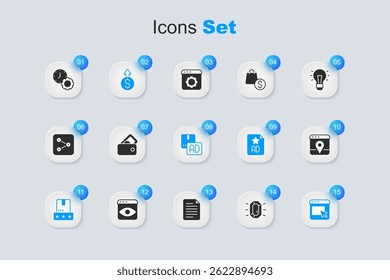 Set Diamond, Wallet with money, Financial growth dollar, Consumer product rating, Advertising, Infographic of city map, Time management and  icon. Vector