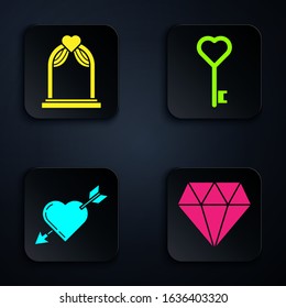 Set Diamond, Wedding arch, Amour symbol with heart and arrow and Key in heart shape. Black square button. Vector