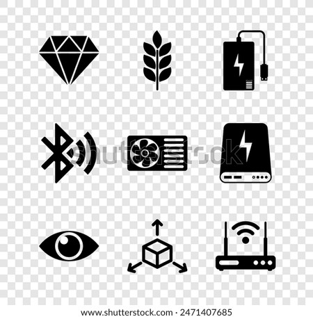 Set Diamond, Wheat, Power bank, Eye, Isometric cube and Router and wi-fi icon. Vector