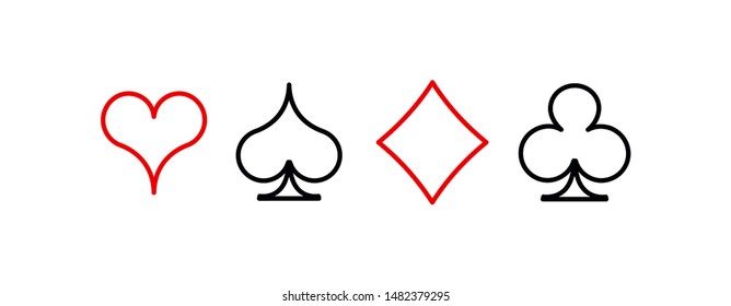 Set diamonds clovers hearts spades Four Playing card suits icons template black and red color editable. High quality outline Playing card suit symbol mobile app pictogram isolated on white background