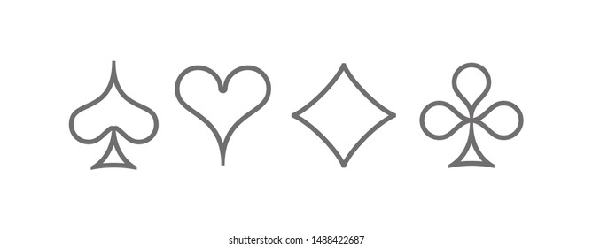 Set diamonds, clovers, hearts and spades Four Playing card suits line icons template. High quality outline Playing card suit symbol pictogram for web design or mobile app isolated on white background