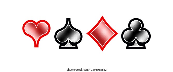 Set diamonds clovers hearts spades Four Playing card suits icons template black and red color editable. High quality outline Playing card suit symbol mobile app pictogram isolated on white background